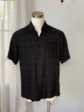 Vintage Claiborne Silk Shirt Black Tan Micro Dot Print Men's Medium